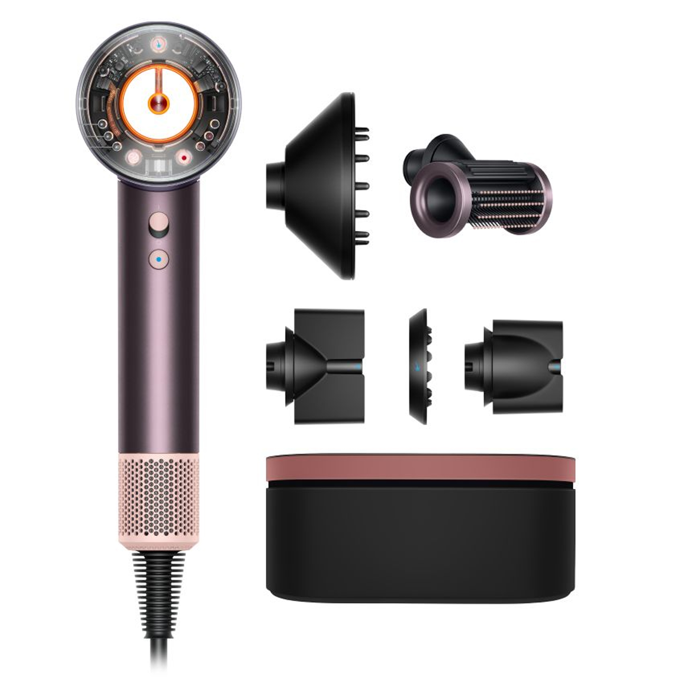 سشوار خانگی 220 وات دایسون مدل Supersonic nural HD16، موتور AC، وزن 2140 گرم، دارای سری متمرکزکننده باریک، متمرکزکننده پهن، سری برسدار گرد پهن، سری چرخشی، سری شانهدار، کیف نگهدارنده با ویژگی صافکنندگی، با قابلیت عملکرد توربو سشوار خانگی 220 وات دایسون مدل Supersonic nural HD16، موتور AC، وزن 2140 گرم، دارای سری متمرکزکننده باریک، متمرکزکننده پهن، سری برسدار گرد پهن، سری چرخشی، سری شانهدار، کیف نگهدارنده با ویژگی صافکنندگی، با قابلیت عملکرد توربو